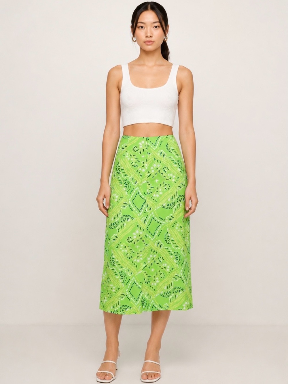 RHODE Lime Green Scarf Print‎ High Waist Y2K Bohemian Festivalcore Midi Skirt 2